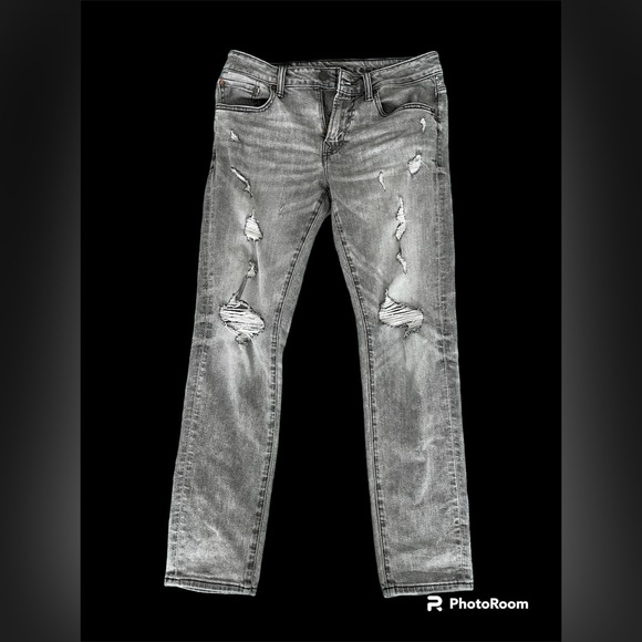 American Eagle 32x30 Skinny Airflex + Plus Grey Distressed Ripped Jeans - Picture 1 of 3